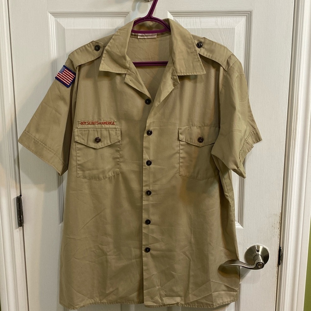Boy Scout BSA UNIFORM SHIRT Men’s Size Large Short Sleeve Tan Vintage Costume